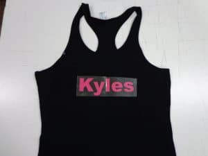 Kyles Printed on Black Singlet by Neon Pink Vinyl